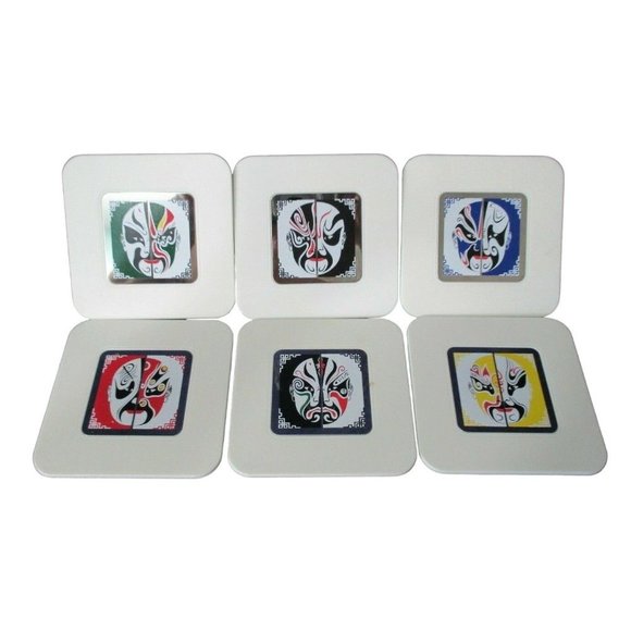 Chinese Opera Jing Mask Face Coasters Six Vintage GUC In Original Box - Picture 1 of 12